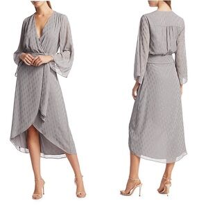 NWT Ramy Brook 6 Gray Silver Julie Diamond Faux Wrap Midi Dress Long Sleeve $525